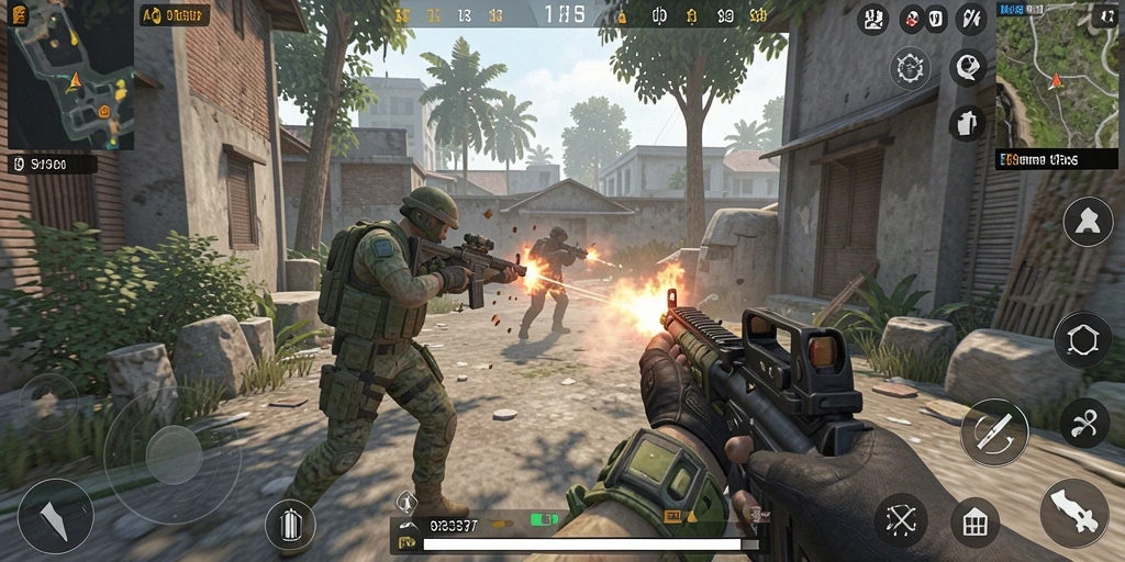 Screenshot gameplay 93337 menampilkan aksi tembak-menembak yang intens.