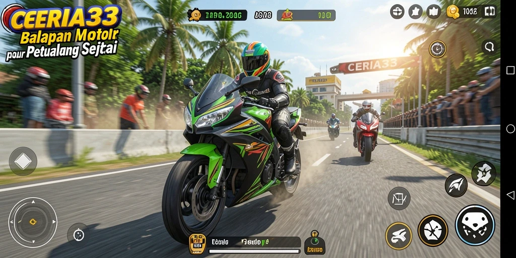 Tangkapan layar gameplay CERIA33 yang menampilkan balapan motor yang seru.