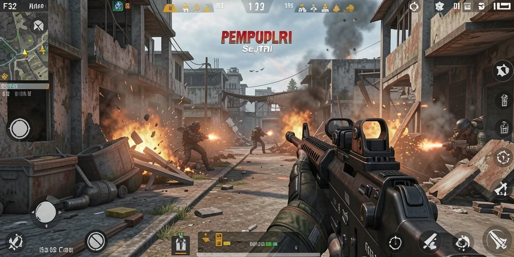 Screenshot gameplay <strong>F32</strong> menampilkan aksi pertempuran yang intens dan menegangkan.