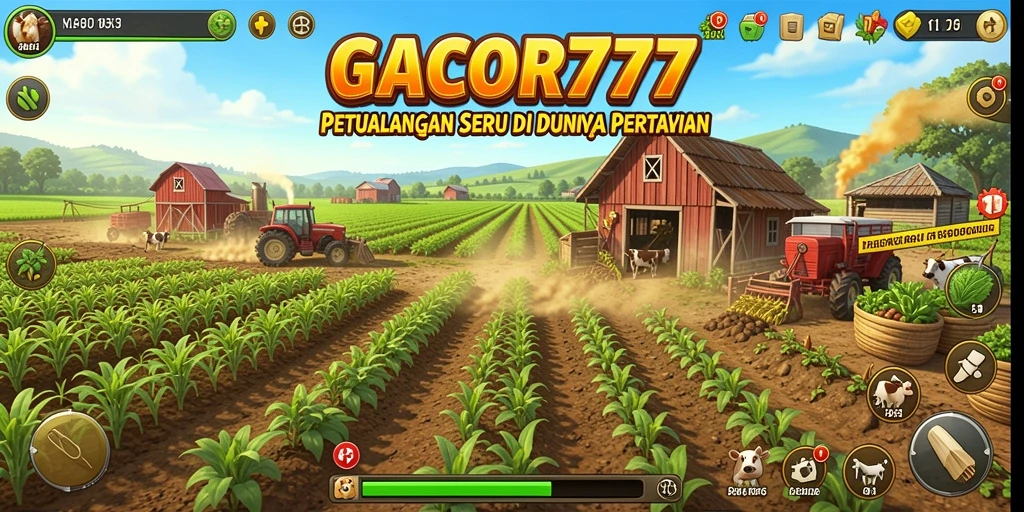 Screenshot utama GACOR777 menunjukkan keseruan bertani dengan berbagai tanaman.