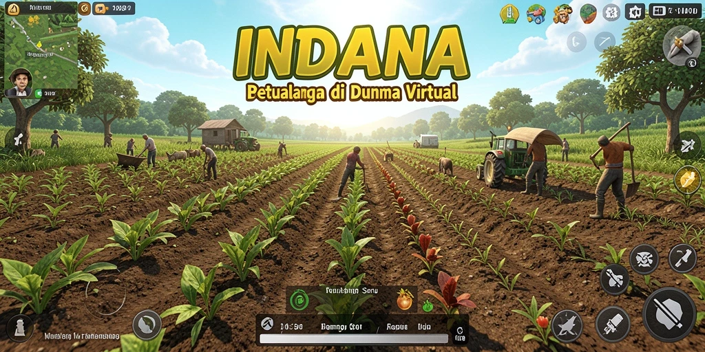 Screenshot gameplay INDAAA menampilkan suasana pertanian yang indah dan interaktif.