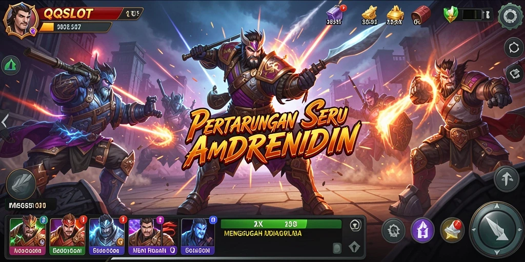 Screenshot utama QQSLOT menampilkan aksi pertarungan mendebarkan antara karakter.