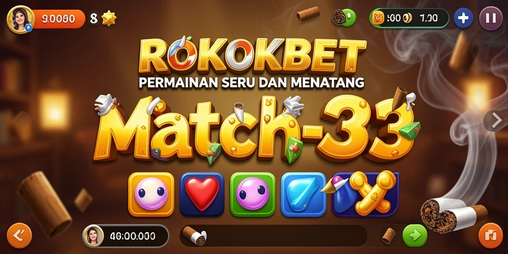 Tampilan gameplay ROKOKBET dengan pertempuran Match-3 seru.