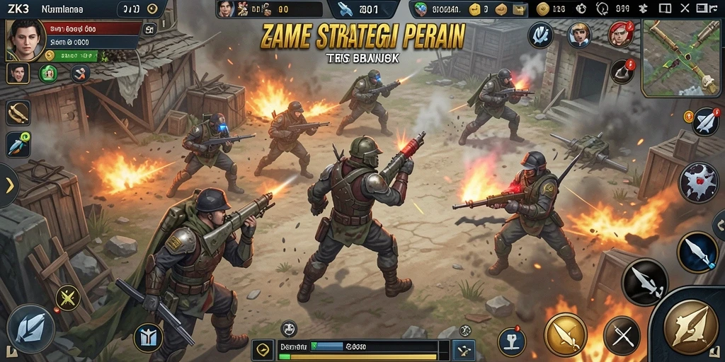 Screenshot gameplay ZK3 menunjukkan aksi pertempuran SLG yang intens.